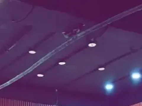 Dark ceiling, point lights, Inside: counter and display