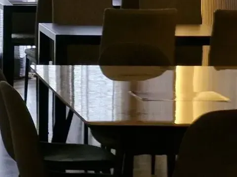 Glossy dark tables, The curtained dining room